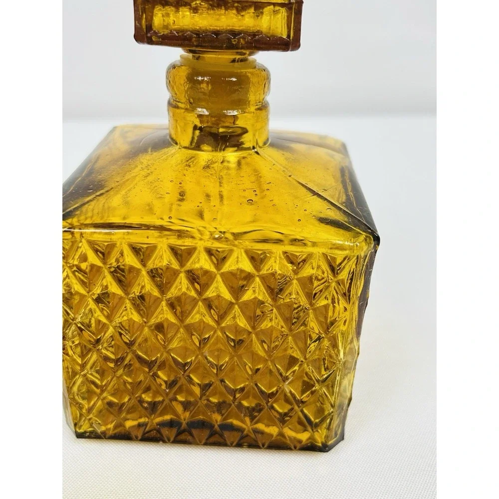 Vintage Amber Square Diamond Point Decanters Glass Stopper Shot Glass MCM Set